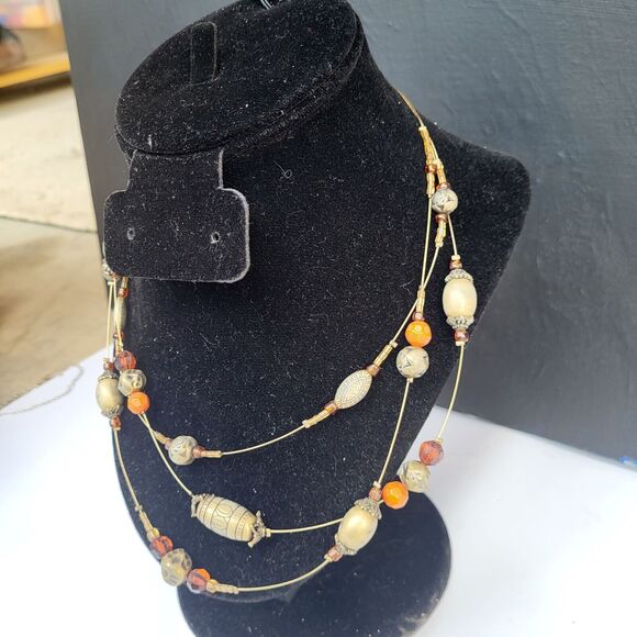 Earthy Triple Strand Floating Station Bohemian Brass Rust & Garnet Necklace 17" - Picture 7 of 14